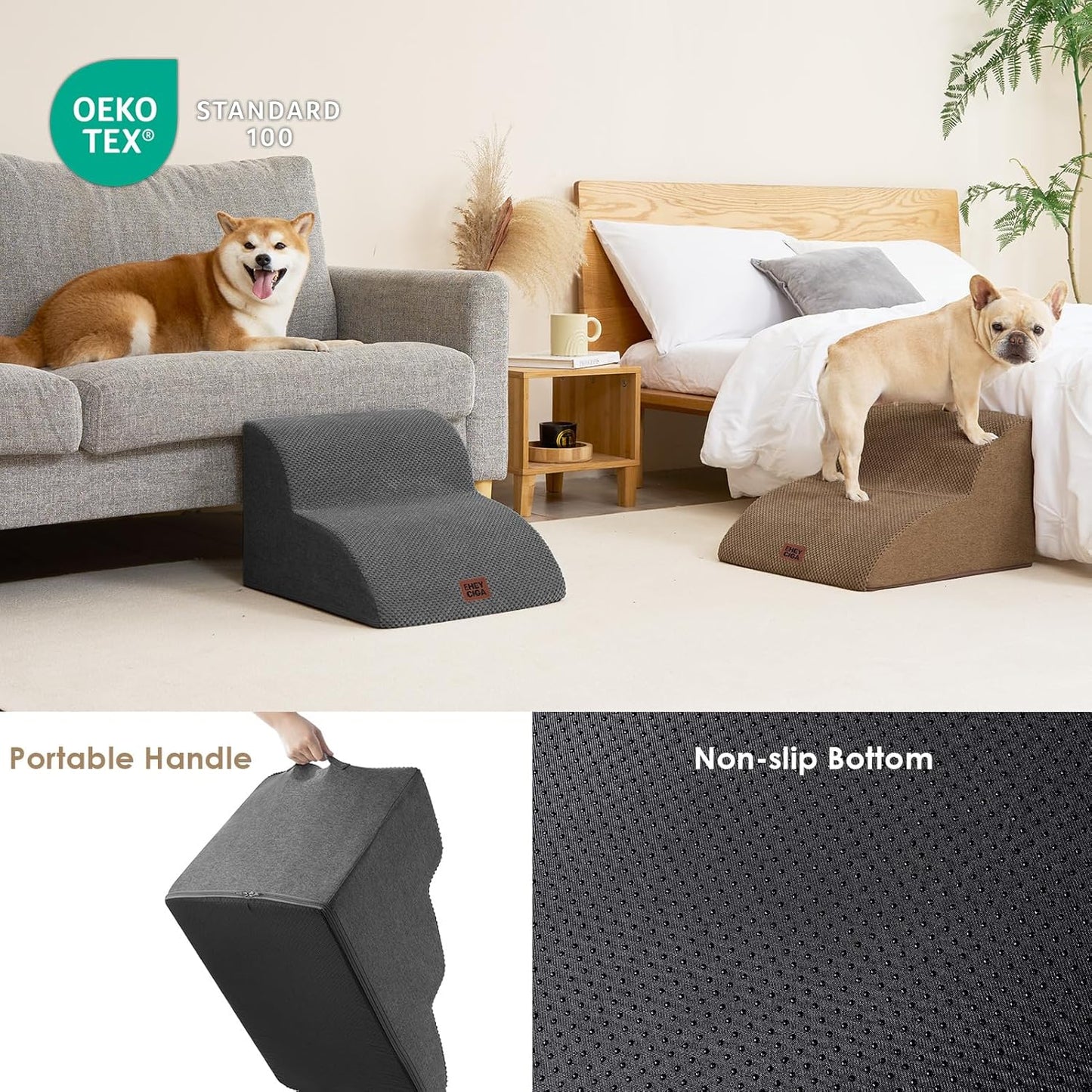 Hundetreppe Für Kleine Hunde 30 Cm Hoch, Haustiertreppe Für Sofa Bett, Treppe Für Hunde Aus Hochdichtem Schwamm, Hunderampe Mit Waschbarem Bezug Und Rutschfestem Boden, 2 Stufen, Grau