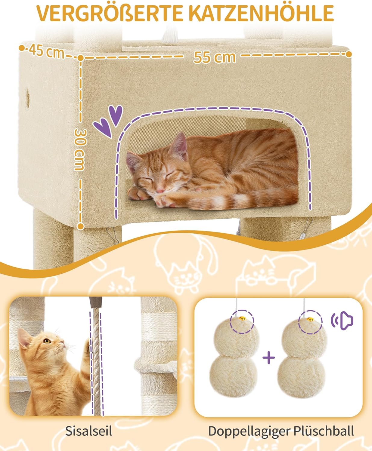 Hzuaneri Kratzbaum, 176Cm Katzenbaum, XL, 3 Plattformen, 2 Höhlen, 7 Kratzsäulen, Hängematte, Plüschbälle, Katzenkratzbaum Für Mehrkatzenhaushalte, Beige MS17618YL