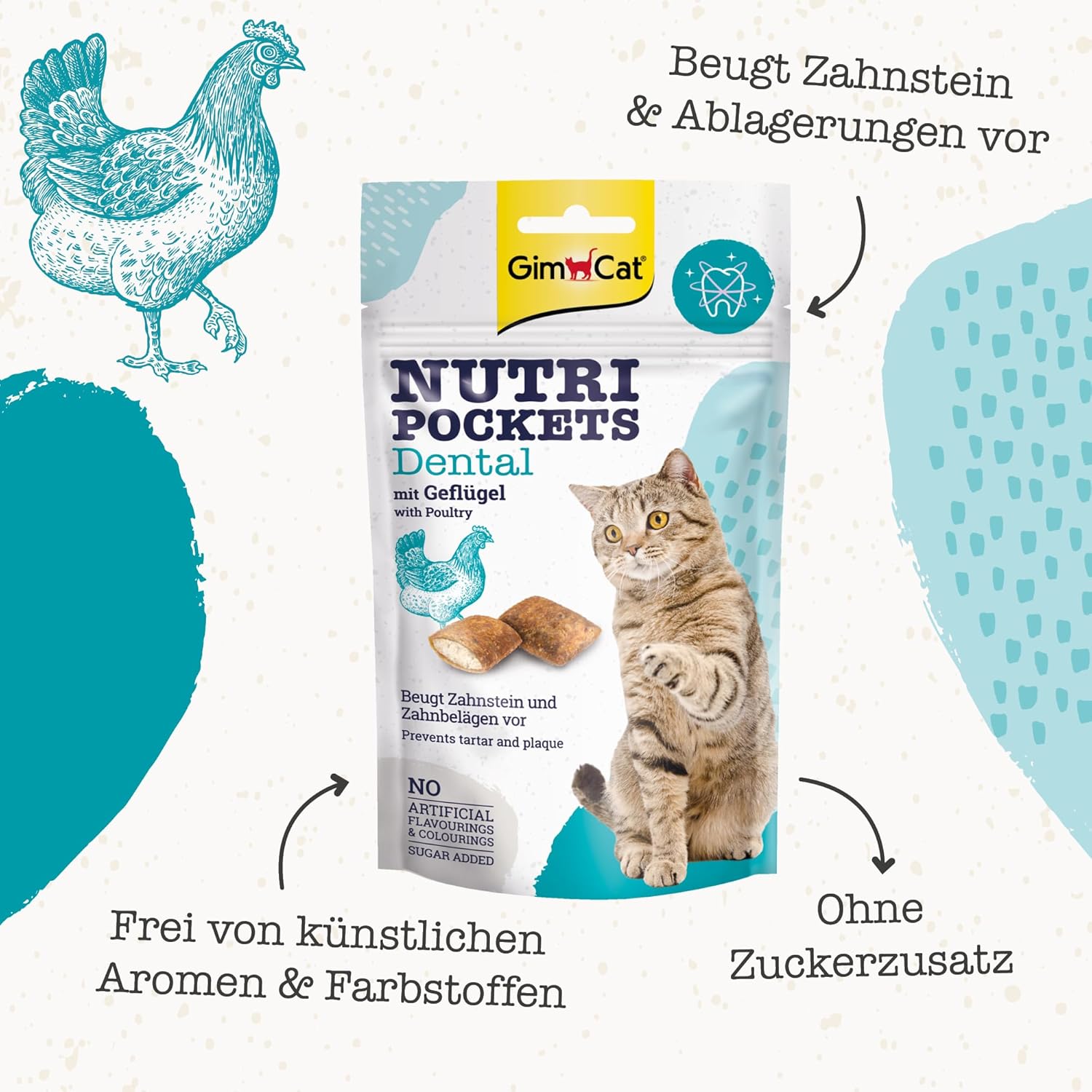 Gimcat Nutri Pockets Dental - Knuspriger Katzensnack Mit Cremiger Füllung Und Funktionalen Inhaltsstoffen - 1 Beutel (1 X 60 G)