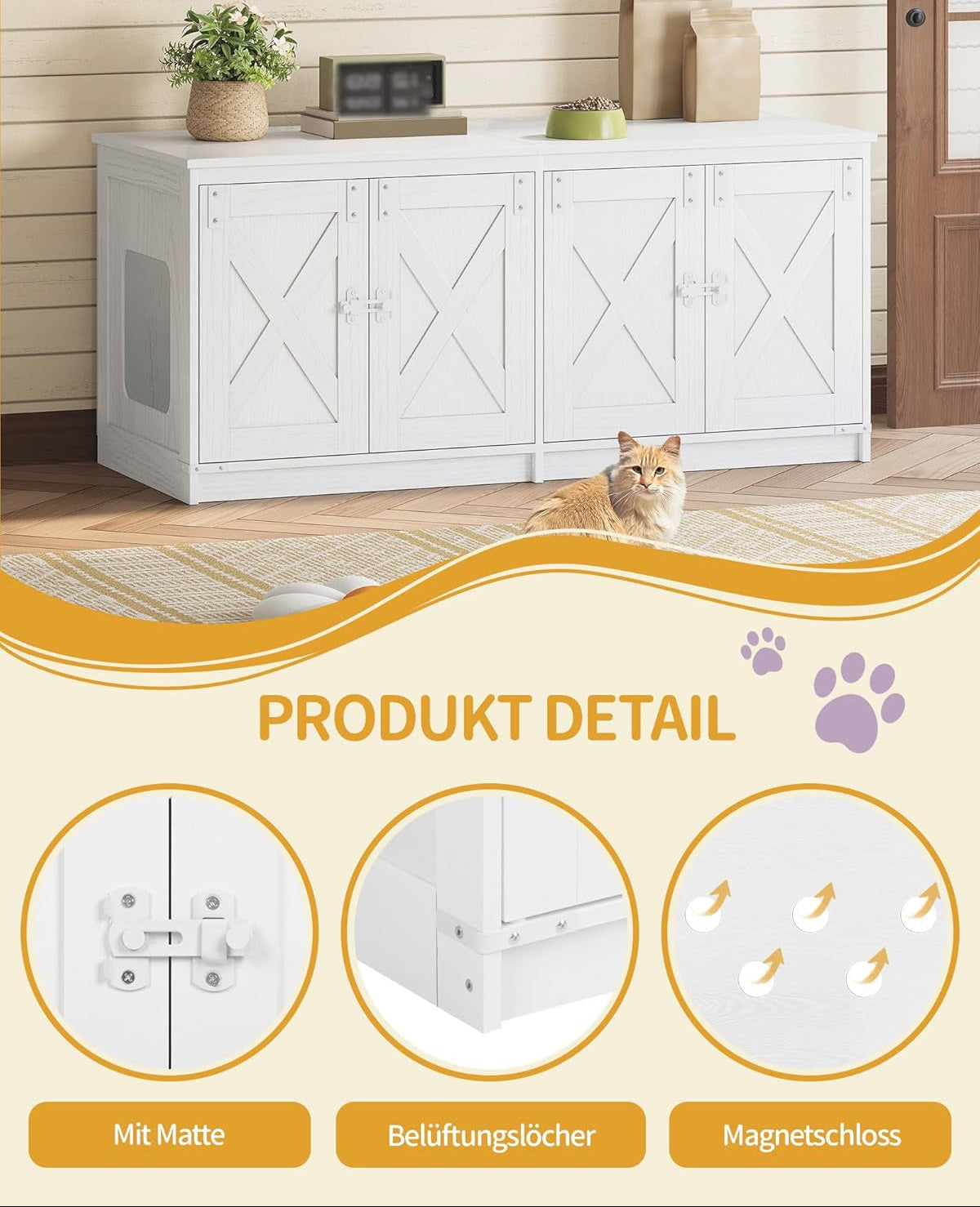 Hzuaneri Katzenschrank, Katzenklo Schrank Für 2 Katzen, Versteckter Katzentoilettenschrank, Katzenhaus Für Den Innenbereich, Bauernhausstil, 119 X 48 X 53,5 Cm, Weiß CB85313W