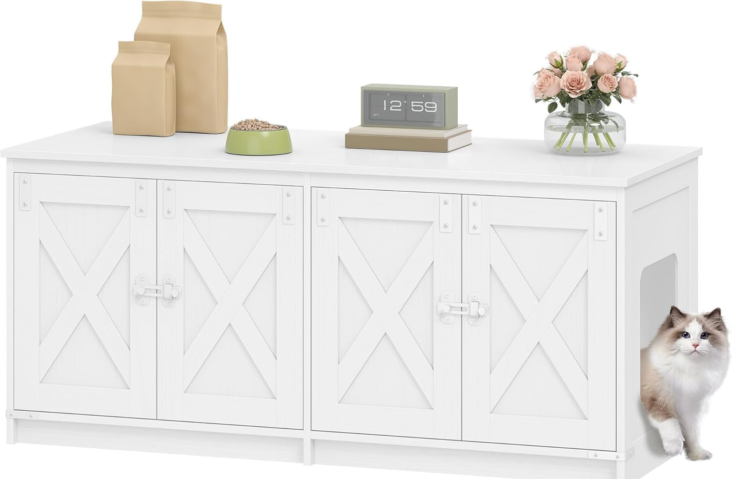 Hzuaneri Katzenschrank, Katzenklo Schrank Für 2 Katzen, Versteckter Katzentoilettenschrank, Katzenhaus Für Den Innenbereich, Bauernhausstil, 119 X 48 X 53,5 Cm, Weiß CB85313W