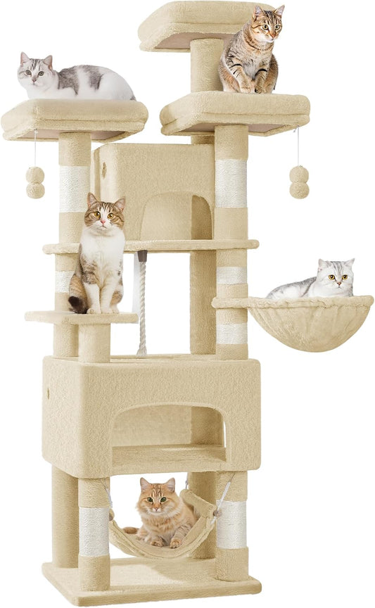 Hzuaneri Kratzbaum, 176Cm Katzenbaum, XL, 3 Plattformen, 2 Höhlen, 7 Kratzsäulen, Hängematte, Plüschbälle, Katzenkratzbaum Für Mehrkatzenhaushalte, Beige MS17618YL