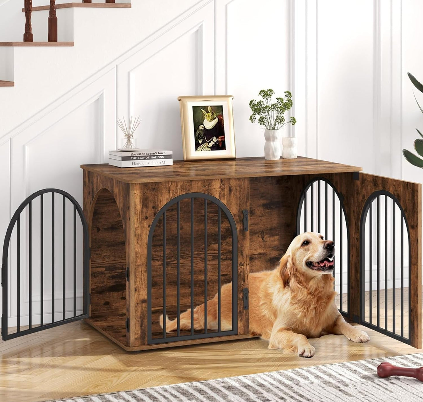 Hzuaneri Hundekäfig Möbel, 100Cm Hundebox Für Zuhause, 3 Türen, Bogentür, Moderne Hundebox Indoor Für Hunde, Beistelltisch, Hundekäfig Hochbelastbar, 100 X 60 X 63 Cm, Vintagebraun DFC84101B