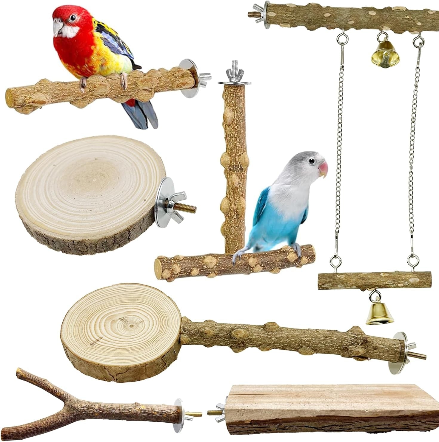 Allazone Natur Sitzstangen Für Vögel - 7 Stück Holz Vögel Sitzstangen, Papagei Schaukel Spielzeug
