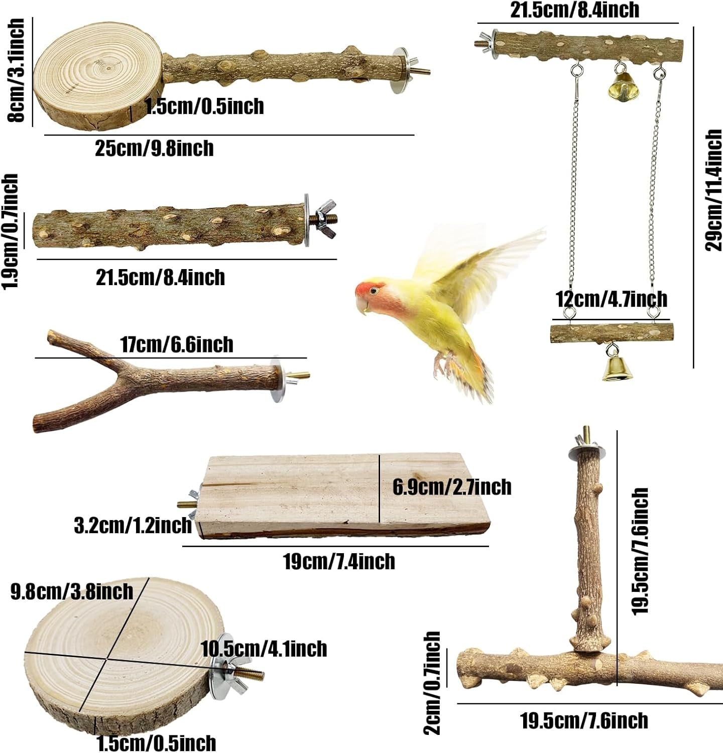 Allazone Natur Sitzstangen Für Vögel - 7 Stück Holz Vögel Sitzstangen, Papagei Schaukel Spielzeug