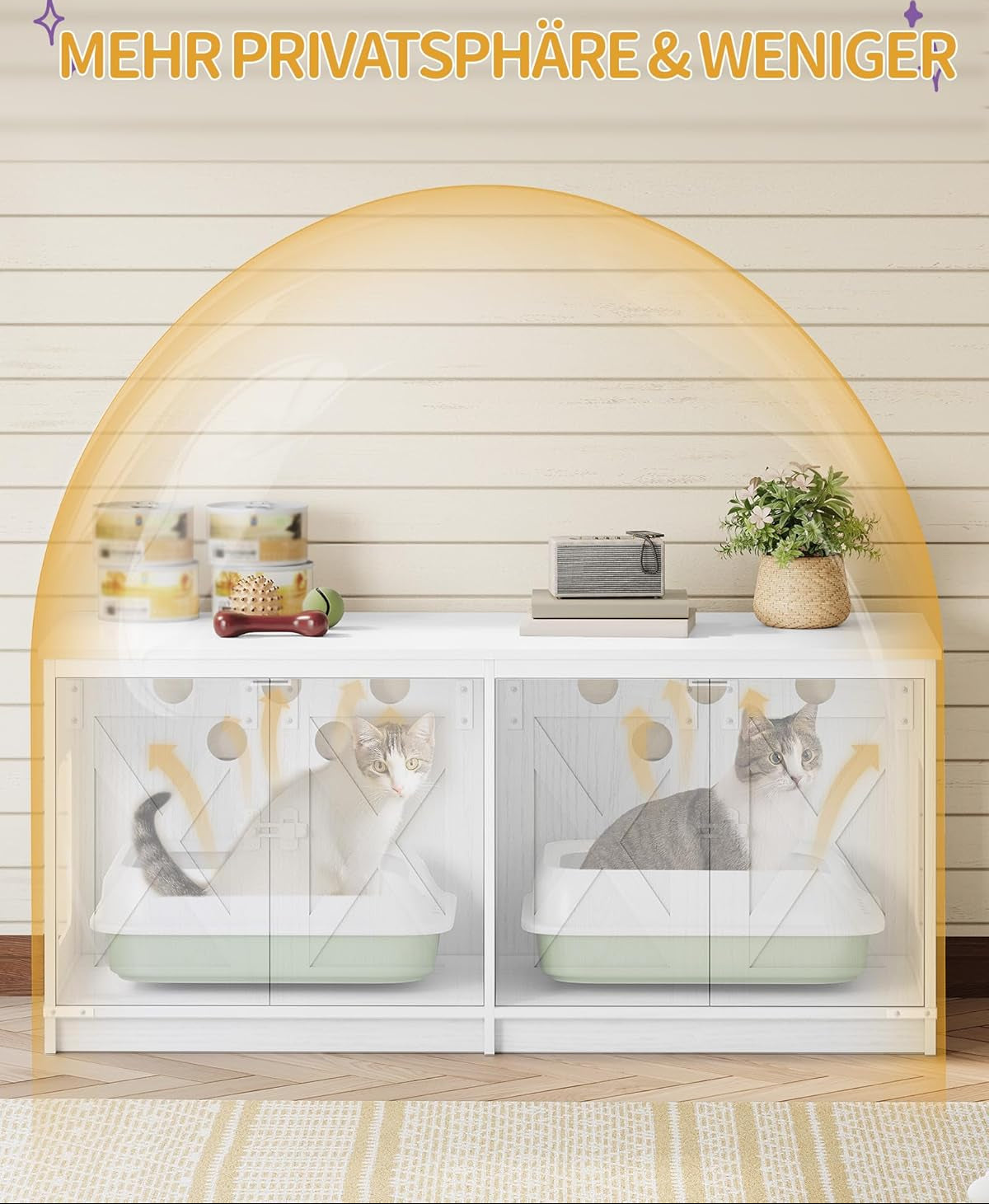 Hzuaneri Katzenschrank, Katzenklo Schrank Für 2 Katzen, Versteckter Katzentoilettenschrank, Katzenhaus Für Den Innenbereich, Bauernhausstil, 119 X 48 X 53,5 Cm, Weiß CB85313W