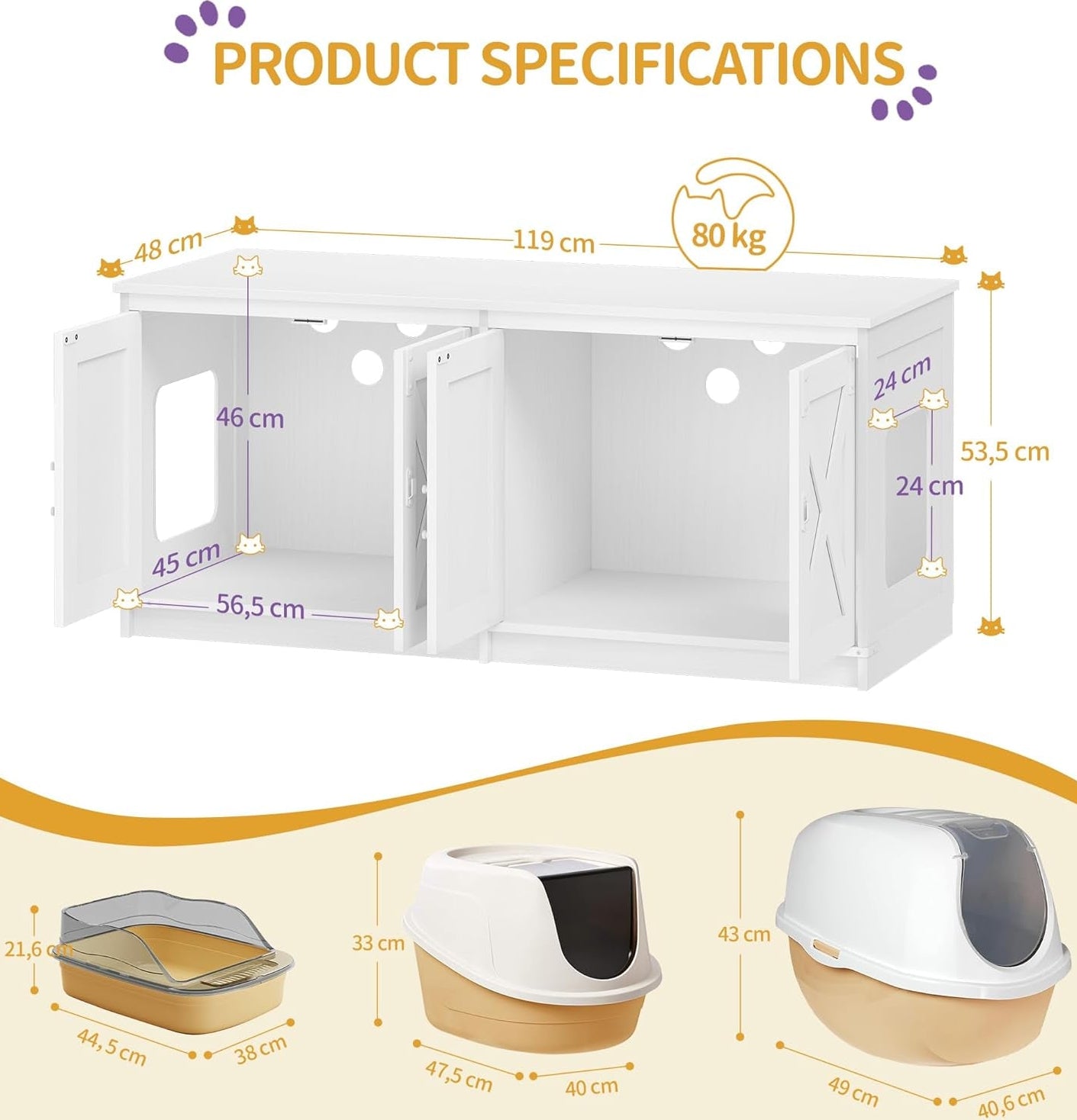 Hzuaneri Katzenschrank, Katzenklo Schrank Für 2 Katzen, Versteckter Katzentoilettenschrank, Katzenhaus Für Den Innenbereich, Bauernhausstil, 119 X 48 X 53,5 Cm, Weiß CB85313W