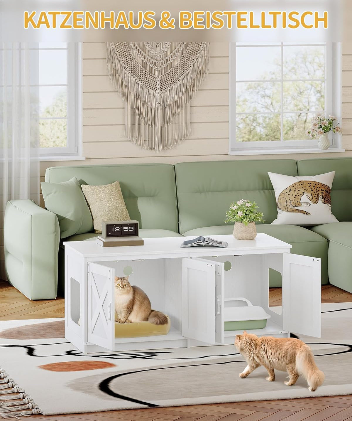 Hzuaneri Katzenschrank, Katzenklo Schrank Für 2 Katzen, Versteckter Katzentoilettenschrank, Katzenhaus Für Den Innenbereich, Bauernhausstil, 119 X 48 X 53,5 Cm, Weiß CB85313W